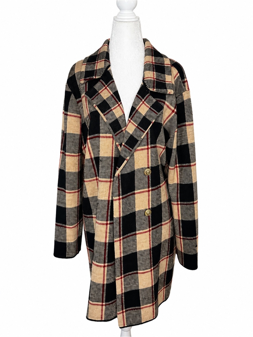 Anne Klein Women’s XL Plaid Knit Long Blazer Cardigan Jacket Gold Buttons